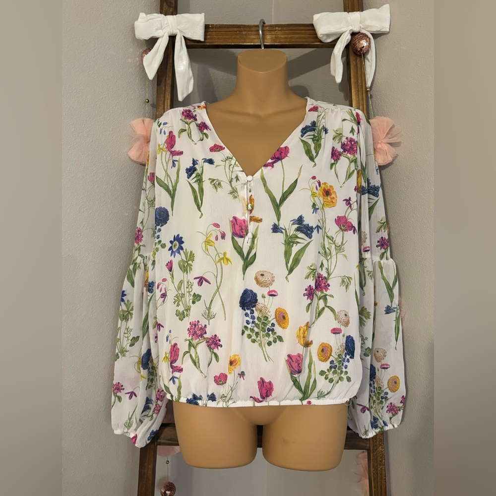 Tamara H M White Multi Floral Bubble Hem Peasant Blouse Boho Size M